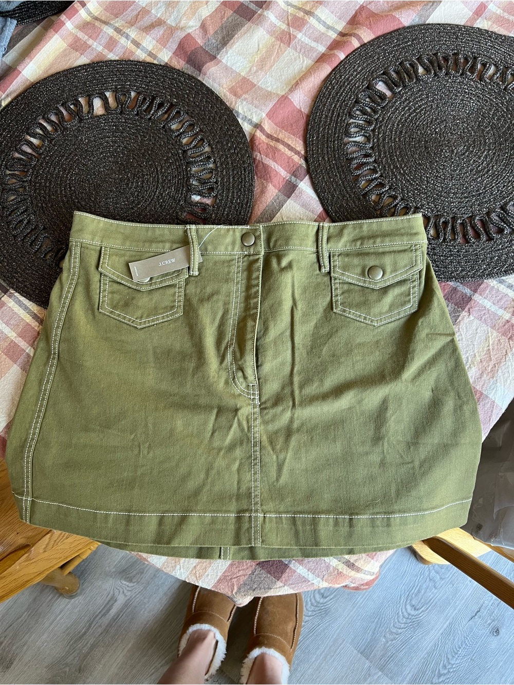 J. Crew Olive Cotton Mini Skirt with Contrast Stitching